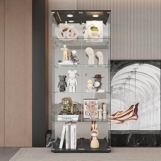 LFT HUIMEI2Y Glass Display Cabinet 5-Shelf with LED Light, Mirror and Lock, 2 Door Curio Cabinets, Tempered Glass Collection Display Showcase for Bedroom, Living Room Black