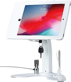 Dual Locking Stand – CTA Security Kiosk with Locking Case, Cable, Stylus, Tether, and 360-Degree Rotating Base for iPad Pro 10.5”, iPad Air 3, and Headphone Jack. (PAD-ASKTW) - White