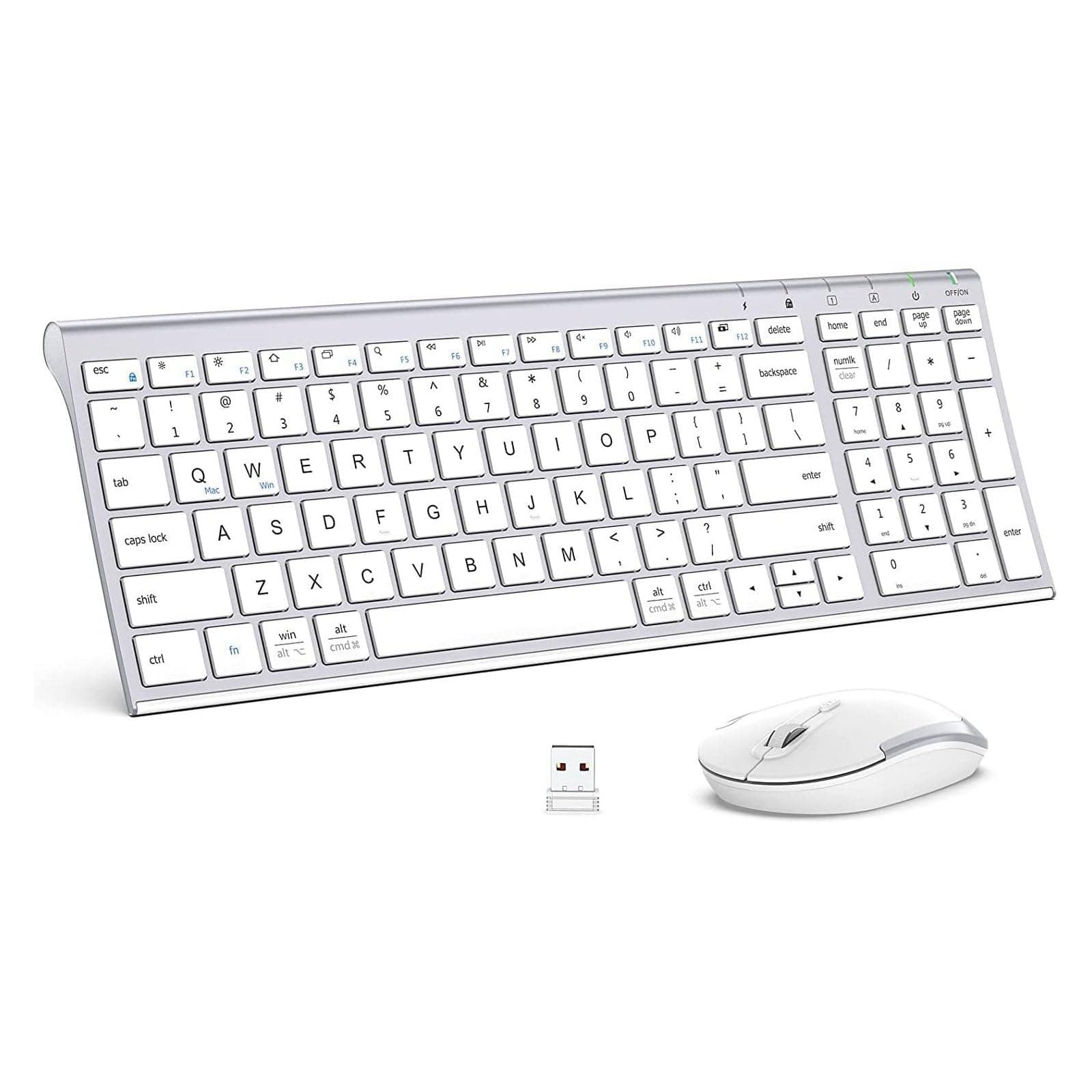 Wireless Keyboard & Mouse Combo GK03-2.4G Portable Wireless Keyboard Mouse with Rechargeable Battery, Ergonomic Design, Full Size, Slim & Thin, Stable Connection, Adjustable DPI, Silver/White