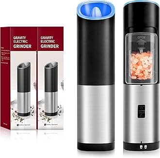 Simple Deluxe Upgraded Gravity Electric Salt and Pepper Grinder Set, Adjustable Coarseness, with Blue LED Light, One Hand Automatic Operation, Black