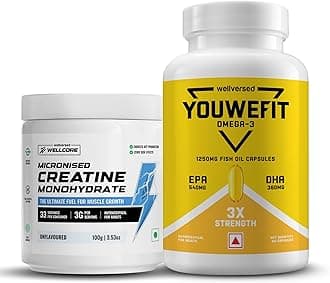 Wellcore Creatine Monohydrate (100gm, 33 Servings)+YouWeFit Omega-3 Fish Oil (60 Capsules, 1250mg Triple Strength Fish Oil)