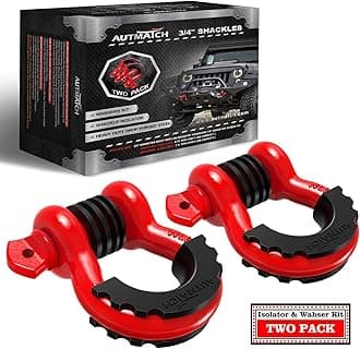 AUTMATCH D Ring Shackle 3/4" Shackles (2 Pack) 41,887Ibs Break Strength - Clevis Shackles with 7/8" Screw Pin and Shackle Isolator Washers Kit for Tow Strap Winch Off Road Vehicle Recovery, Red