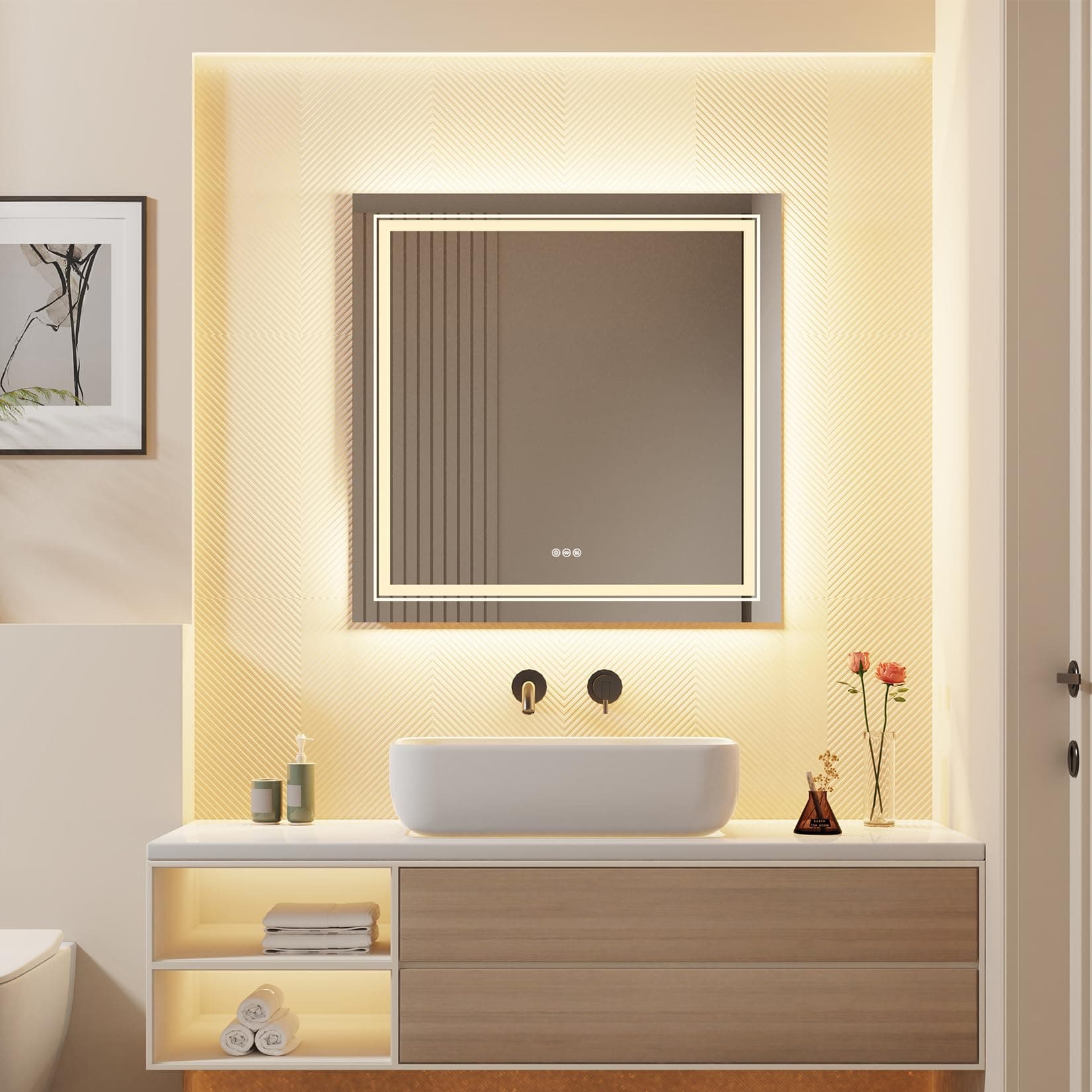 Bathroom Mirror with LED Light: 800x800mm Square Dimmable Lighted Mirror with Smart Switch and Anti-fog Wall Mounted Vanity Makeup Mirror, 3 Changeable Colors (Backlit + Front Light)