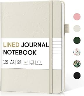 Taja Lined Journal Notebook for Women & Men, Hardcover Leather Journal for writing, A5 College Ruled Notebook for Work & Note Taking, Perfect for Office School Home Supplies, 160 Pages, Beige Grey