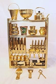 Handcrafted Brass Miniature Kitchen Set/Bhatukali/Toy Set/Home Decor/choppu Jaman/Real Cooking Kit for Play with Brass Stand (Gold 2)
