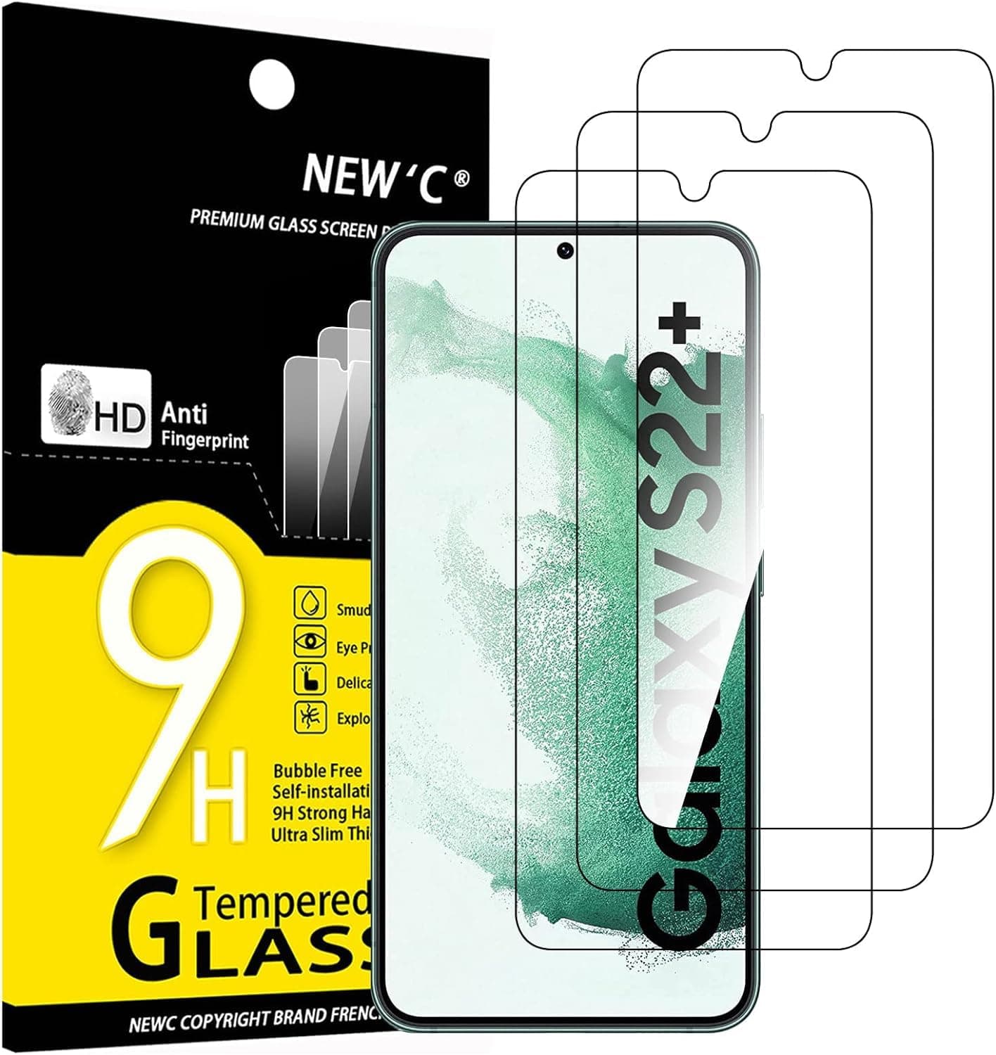 NEW'C 3 Pack Designed for Samsung Galaxy S22+ / S22 Plus, Screen Protector Tempered Glass, Case Friendly Anti Scratch Bubble Free Ultra Resistant