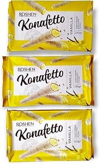 Roshen Crispy Flavorful Wafer Rolls "Konafetto" with Vanilla-Cream Filling, 4.94oz/140 grams Pack of 3