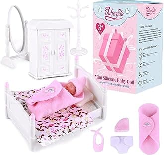 Mini Silicone Baby Dolls, 3 Inch Realistic Newborn Baby Dolls Full Silicone Sleeping Little Mini Real Life Baby Girl Miniature Baby with Playset Accessories(Pink)