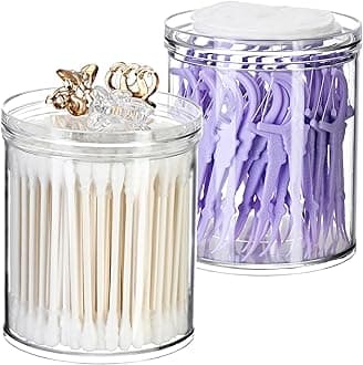 SheeChung 2 Pack Qtip Holder Stackable Plastic Apothecary Jars with Storage Lids Clear Bathroom Accessories for Storage and Organization Bathroom Counter Organizer (10oz)