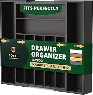ROYAL CRAFT WOOD Luxury Bamboo Kitchen Drawer Organizer - Silverware Organizer - Utensil Holder and Cutlery Tray with Grooved Drawer Dividers for Flatware and Kitchen Utensils (9 Slot, Black)