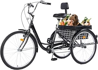 Adult Tricycle Bike 7 Speed, 24/26 Inch 3 Wheel Bikes Tricycle for Adults, Adult Trike for Women/Men/Seniors, Cruiser Bike w/Rear Basket for Shopping/Recreation/Picnic