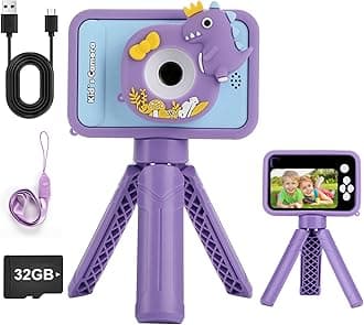 Kids Camera with Tripods, Kids Digital Video, Toddler Camera with 32GB Card, 2.4" Screen Portable Selfie Video, Christmas Birthday Gift for Boys and Girls 3-12 Years Old