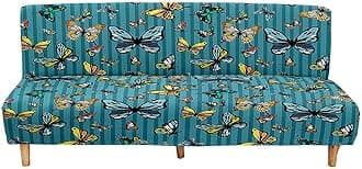 Mateju Armless Sofa Bed Cover, Butterfly Pattern Folding Sofa Bed without Armrests, Non Slip Stretch Futon Slipcover Protector for 2-3 Seater, Washable Couch Bed Slipcovers (Peacock blue,190-230cm)