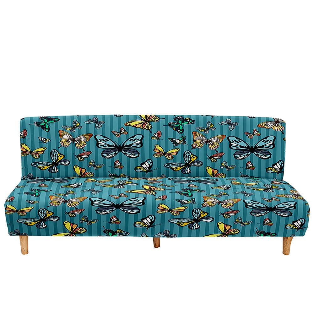 Mateju Armless Sofa Bed Cover, Butterfly Pattern Folding Sofa Bed without Armrests, Non Slip Stretch Futon Slipcover Protector for 2-3 Seater, Washable Couch Bed Slipcovers (Peacock blue,160-190cm)