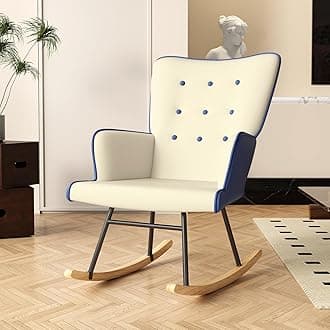 Glider Rocking Chair Nursery Comfy Accent Chair with High Back Faux Leather Living Room Chairs Color Button Tufted Armchair Reading Chair for Bedroom Nursery Office, Cream+Berry Blue