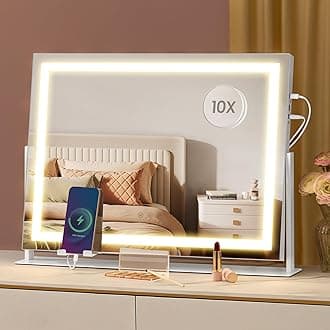 SONGMICS Vanity Makeup Mirror with Lights, Touch Control, Angle-Adjustable, Charging Ports, Detachable 10X Magnifying Mirror, 3 Color Temperatures, Dimmable, Phone Holder, Matte White ULWM002W01V1