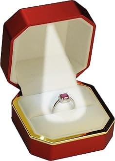 The Jewellery Pak LED Red Burgundy Ring Box for Proposal, Engagement, Wedding…Luxury Octagonal Design with Gold Trim LED Ring Jewelry Gift Holder Box with Light for Men for Women