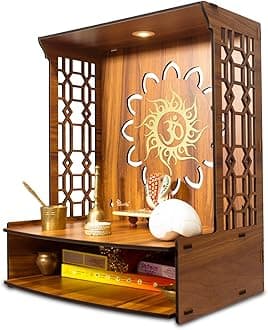 Heartily ® Maha Mangal Beautiful Wooden Pooja Mandir For Home Temple For Home And Office Puja Mandir Wall With LED Spot Light Size (H- 18, L- 15 , W-11 Inch) 38.1X27.9X45.7 Cm, Brown
