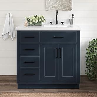 ARIEL Hepburn 36-inch Bathroom Vanity with Sink,Solid Wood, 1.5-inch Italian Carrara Marble Countertop, Single Rectangular Porcelain Sink, 2 Soft Closing Doors, 5 Dovetail Drawers, Midnight Blue