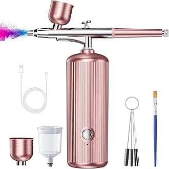 Airbrush Kit with Compressor, 48PSI Cordless Non-Clogging High-Pressure Air Brush Gun with 0.3mm Nozzle and Cleaning Brush Set for Graffiti Painting, Nail Art, Makeup, Cake Decor (Pink)