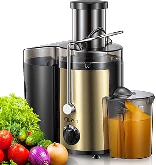 QCen Juicer Machine, 500W Centrifugal Juicer Extractor with Wide Mouth 3” Feed Chute for Fruit Vegetable, Easy to Clean, Stainless Steel, BPA-free (Gold)