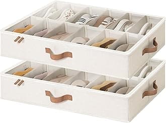 StorageWorks Shoe Organizer for Closet, Fits up to 24 Pairs, 2-Pack Ultra-thick Fabric Under Bed Shoe Storage Containers with Bottom Support and Adjustable Dividers, Beige