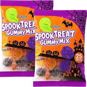Halloween Spooky Treat Gummy Candy Mix 50 Pcs Individually Wrapped Fruit Flavored Candies - Trick or Treat Party Favor (25 Pcs Per Bag(3.53 oz) - 2 Bags