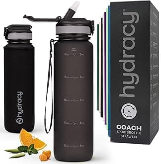Hydracy Water Bottle with Times to Drink & Straw - Large 1 Litre BPA Free Motivational Water Bottle & No Sweat Sleeve -Leak Proof Gym Bottle with Time Marker - Ideal for Fitness, Sports & Outdoors