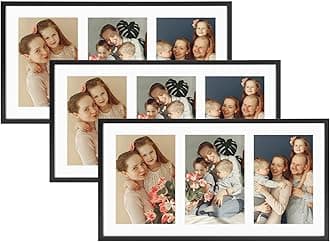 Golden State Art, 5x7 Aluminum Collage Frame, Display 5x7 Pictures With 3 Openings Mat or One 8.5x16.3 Photo, Real Glass, Portrait/Landscape Wall Display, Black, 3 Pack