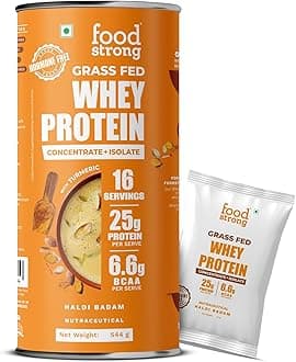 Foodstrong Whey Protein Powder (Concentrate + Isolate), 100% Hormone Free Grass-Fed Whey, 25G Protein & 6.6G BCAA, Haldi Badam, With Turmeric & Digestive Enzymes, 16 Sachets, 544G