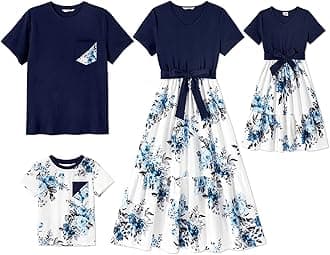 PatPatFamily Matching Outfits Mommy and Me Dress Casual Floral Printed Belted Ruffle Dresses and Short Sleeve T-Shirts