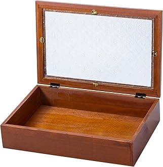 Useekoo Wooden Storage Box Container with Hinged Glass Lid & Front Clasp, 11.8”x7.8”x2.7” Vintage Wood Keepsake Boxes, Rustic Memory Gift Box for Jewelry, Wedding, Peals(Brown)