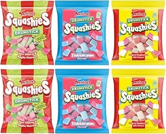 Squashie DrumStick Candies Variety Pack - 2 Pack Original Rasberry & Milk, 2 Pack Sour Cherry & Apple, and 2 Pack Bubble Gum Flavour - 120G (6 PACK BUNDLE) - Imported from UK