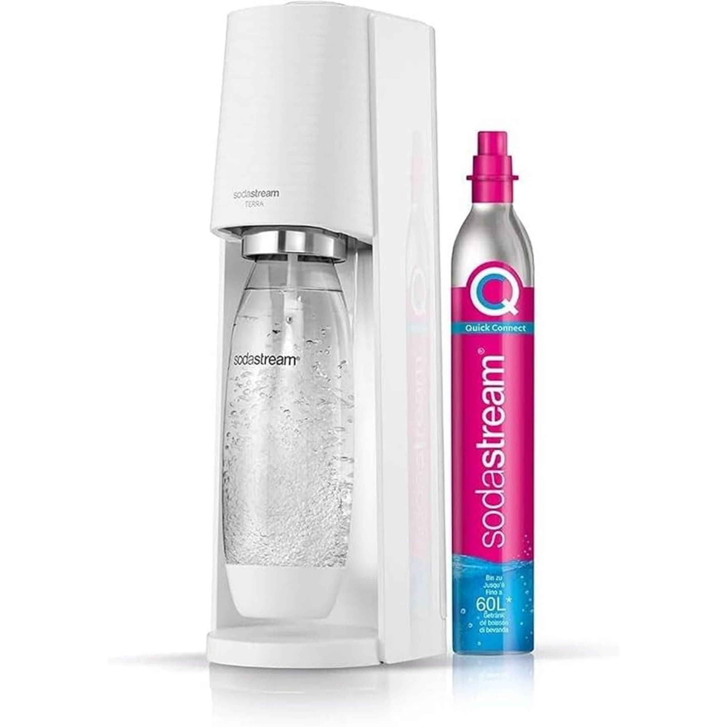 Terra Sparkling Water Maker, Quick Connect CO2 system, Includes 60L Gas Cylinder, BPA-Free 1L Bottle, Eco-Friendly & Reduces Plastic Waste, White