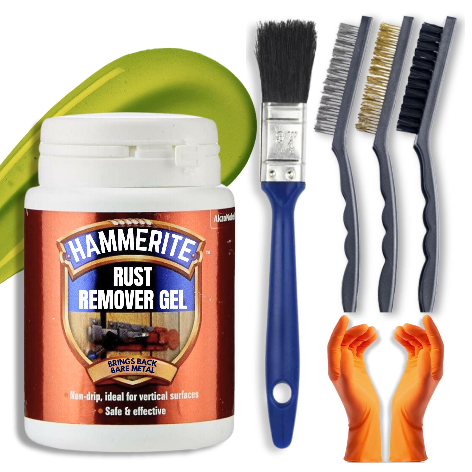 – Rust Remover for Metal Bundle with 100ml Hammerite Rust Remover Gel, Wire Brush Set (Nylon Steel Brass), Gloves & Decex Paintbrush - Rust Treatment Kit for Cars, Bikes, BBQ, Vehicles, Gates, Chrome