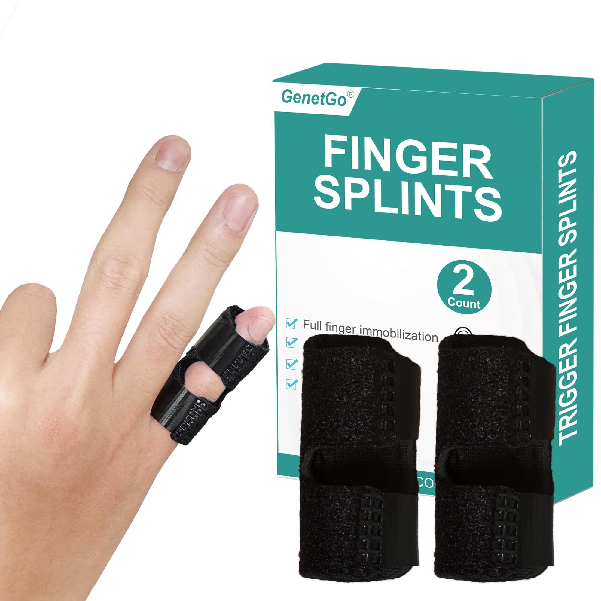 GenetGo Small Trigger Finger Splint - 2 Pack Pinkie Finger Brace for Broken Finger, Knuckle Immobilization for Arthritis Pain, Sport Injuries (Black)