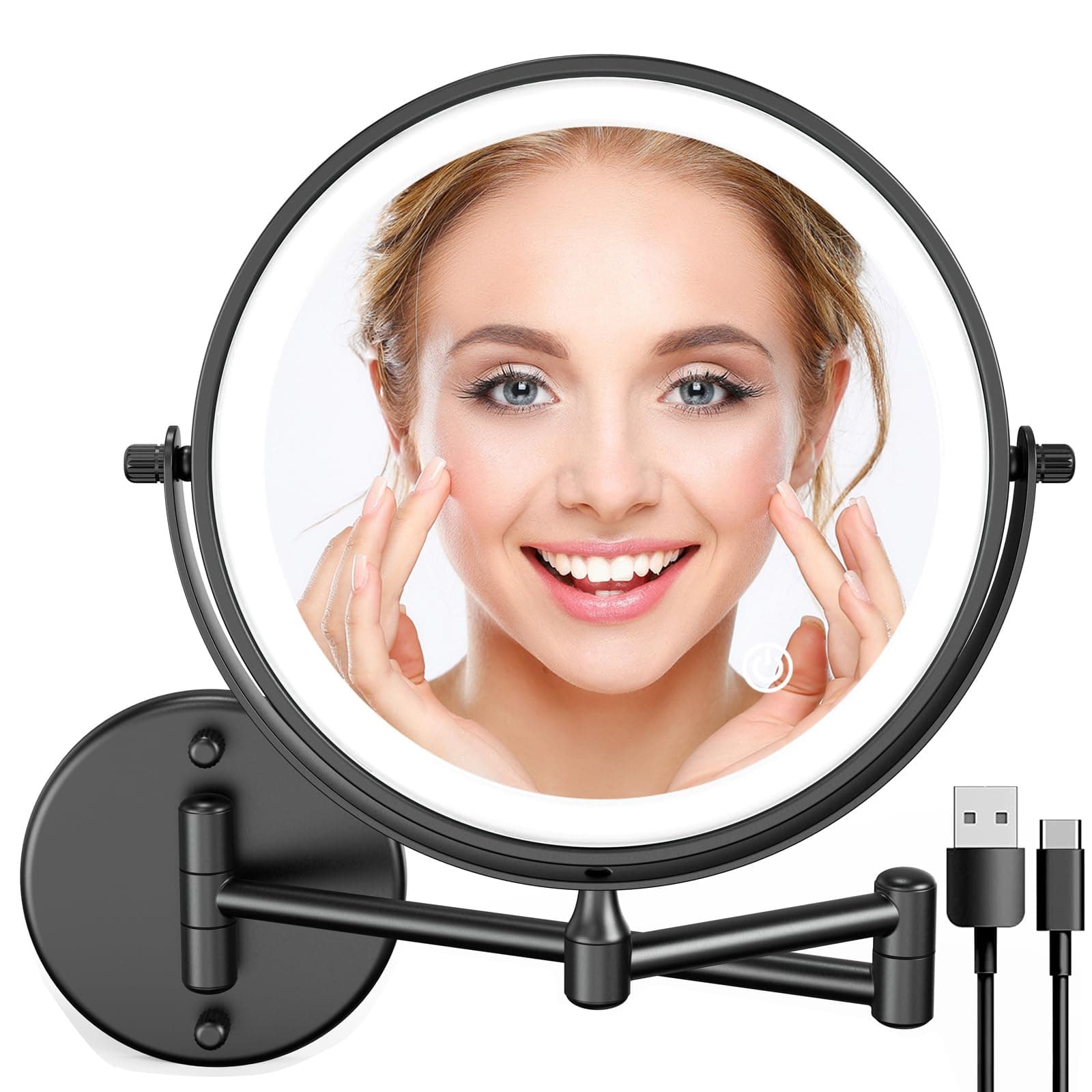 Rechargeable Wall Mounted Lighted Makeup Mirror, 8 Inch Double Sided LED Vanity Mirror 1X 10X Magnification, 3 Color Lighting, Touch Screen Dimming, 360 Rotation Light up Mirror