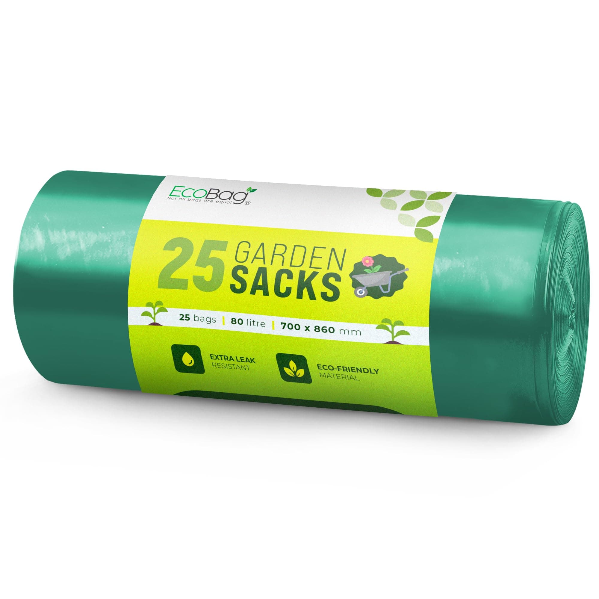 EcoBag - 20 Pack Extra Strong Heavy Duty Garden Sacks - 80L - 25 Microns - Recyclable, Leak Resistant & Eco-Friendly, Durable Garden Waste Disposal Bags for Household & Commercial Use (700x860mm)