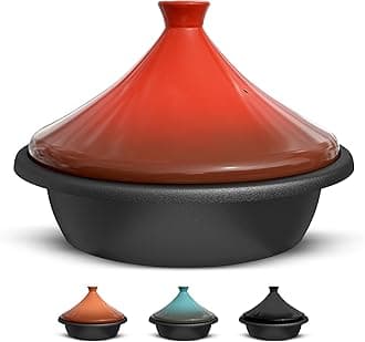 KooK Moroccan Tagine, Enameled Cast Iron Cooking Pot, Tajine with Ceramic Cone-Shaped Closed Lid, 3.3 QT, (Crimson)