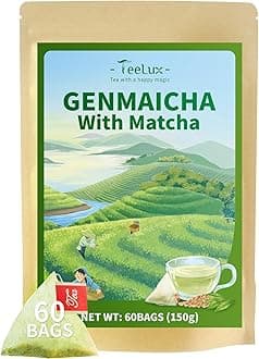 TeeLux Genmaicha Tea Bags, Genmai Cha with Sencha Green Tea, Matcha and Roasted Brown Rice, Premium Genmai Cha, Smooth Taste, 60 Count