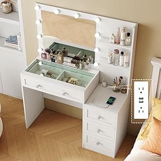 White Vanity Desk with Mirror and Lights, 39.4" Wide Glass Top, Makeup Vanity with 4 Drawers, Charging Station, 3 Lighting Modes for Women's Bedroom