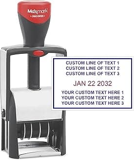 MaxMark Heavy Duty Date Stamp with 4-Line Custom Text, Self Inking Date Stamp - 1-1/2" x 2-5/16" - Choose from Many Font and Color Options