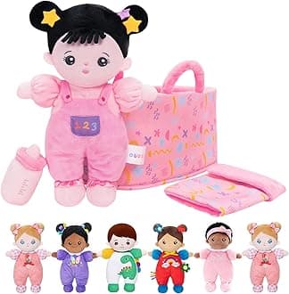 OUOZZZ Baby Soft Doll with Carrying Case and Accessories, Pink, 25cm, Soft Cloth Black Hair, Cuddly for Children from 3 Months - Baby Gift for Boys and Girls
