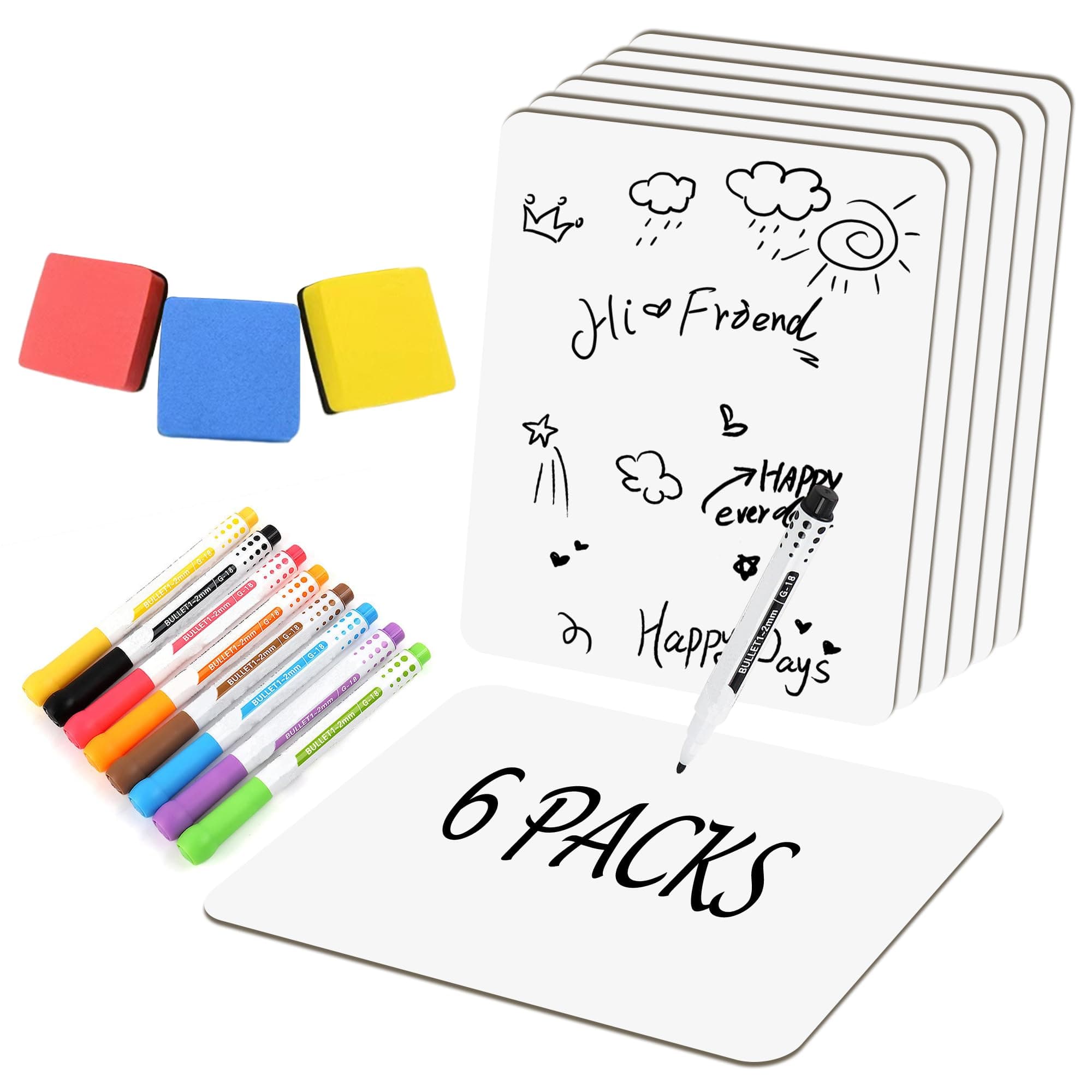 6 Pack Small White Board Dry Erase Classroom Pack Boards 9" x12” Personal Whiteboards for Teachers Lapboards Mini Whiteboard Erasers Included Colors pens