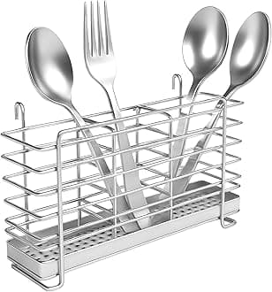 304 Stainless Steel Utensil Drying Rack with Hooks & 3 Divided Compartments, Silverware Drying Basket, Spoon and Fork Organizer, Rustproof Kitchen Drainage Basket Accessories, Silver, 2x8.7x5