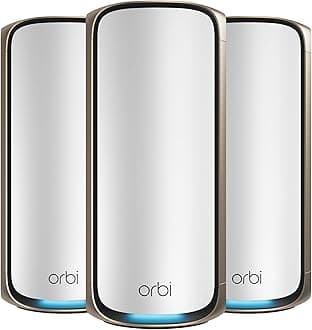 Orbi 970 Series | WiFi 7 Mesh System | RBE973S | Wireless Router + 2 Satellites | Up to 27 Gbps | Covers 8,200 sq. ft. | Connects up to 200 devices | Quad-band BE27000 | 10 Gig Internet Port