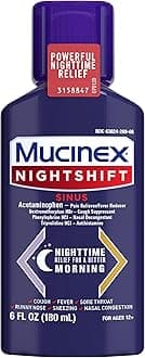 Mucinex Nightshift Sinus, Cold And Flu Cough Medicine For Adults, Powerful Nighttime Sinus Medicine For Sinus Relief, Sore Throat Relief, Cough Suppressant & Nasal Decongestant For Adults, 6 Fl Oz