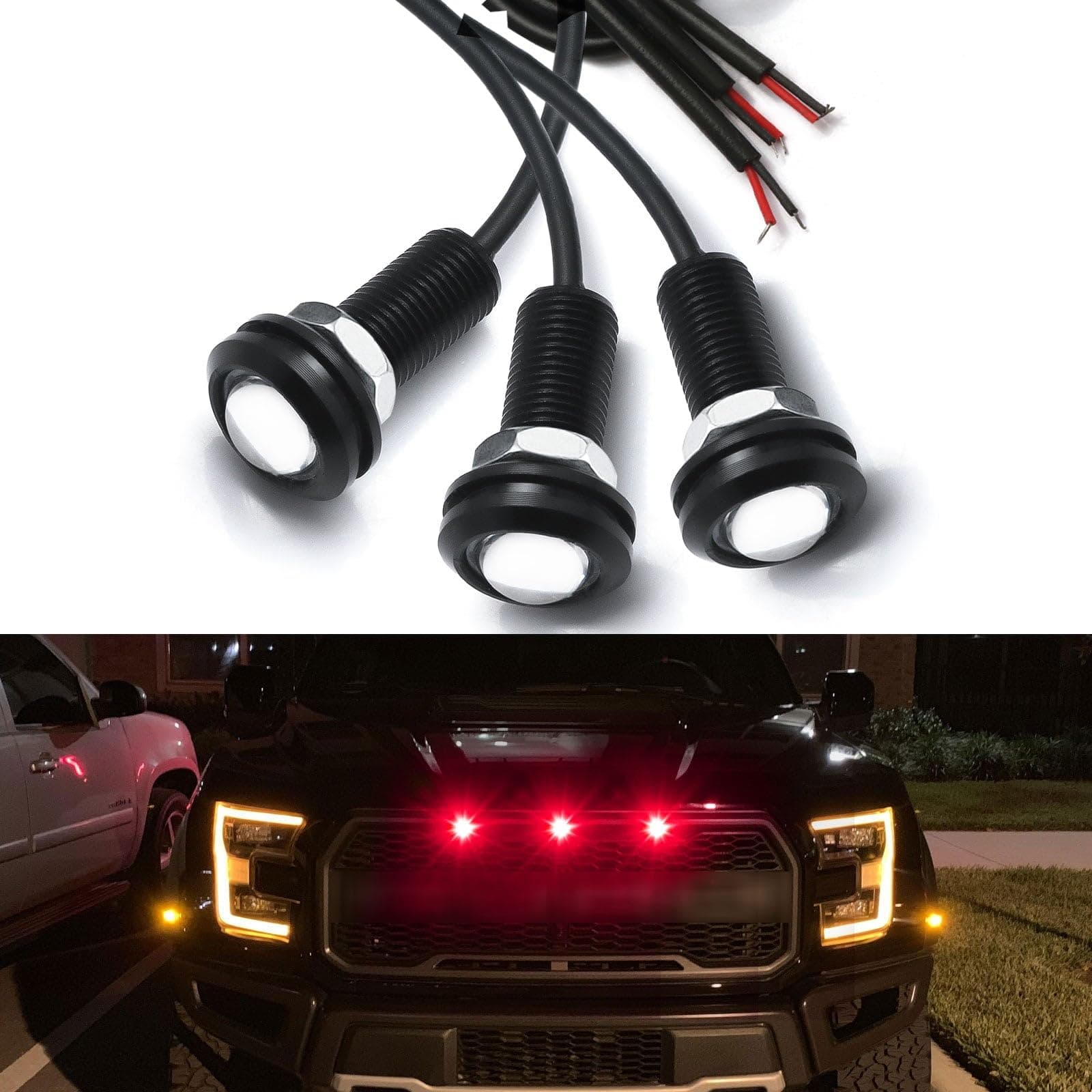 3pcs LED Front Grille Marker Lights w/Projector Lens Assembly Compatible with Cars, Pickups, Trucks, SUV, Trailer, Red