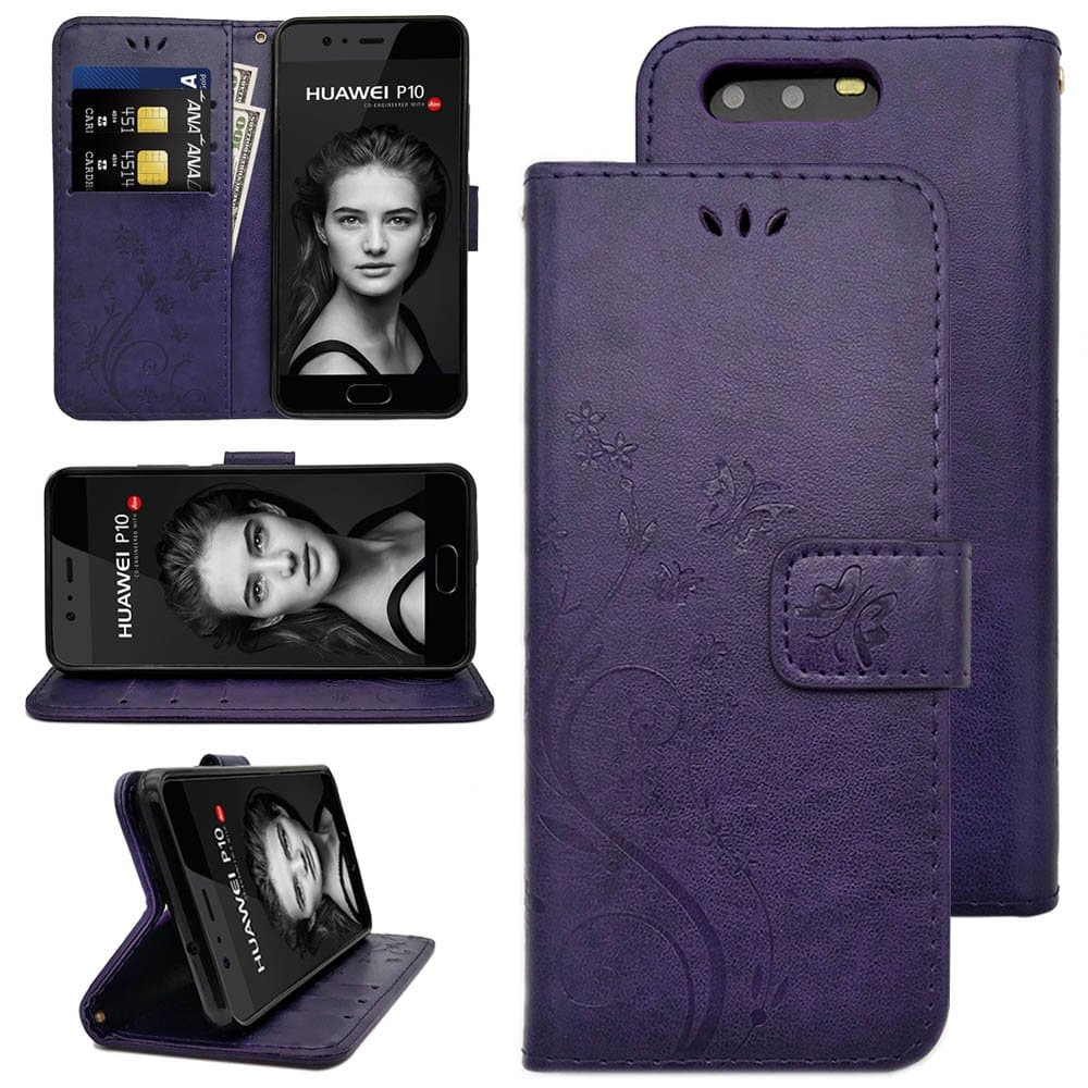 KUAWEI Huawei P10 Leather Flip Case with Stand Function and Credit Card Slots Flexible TPU Inner Shell for Huawei P10 5.1 Inches Purple