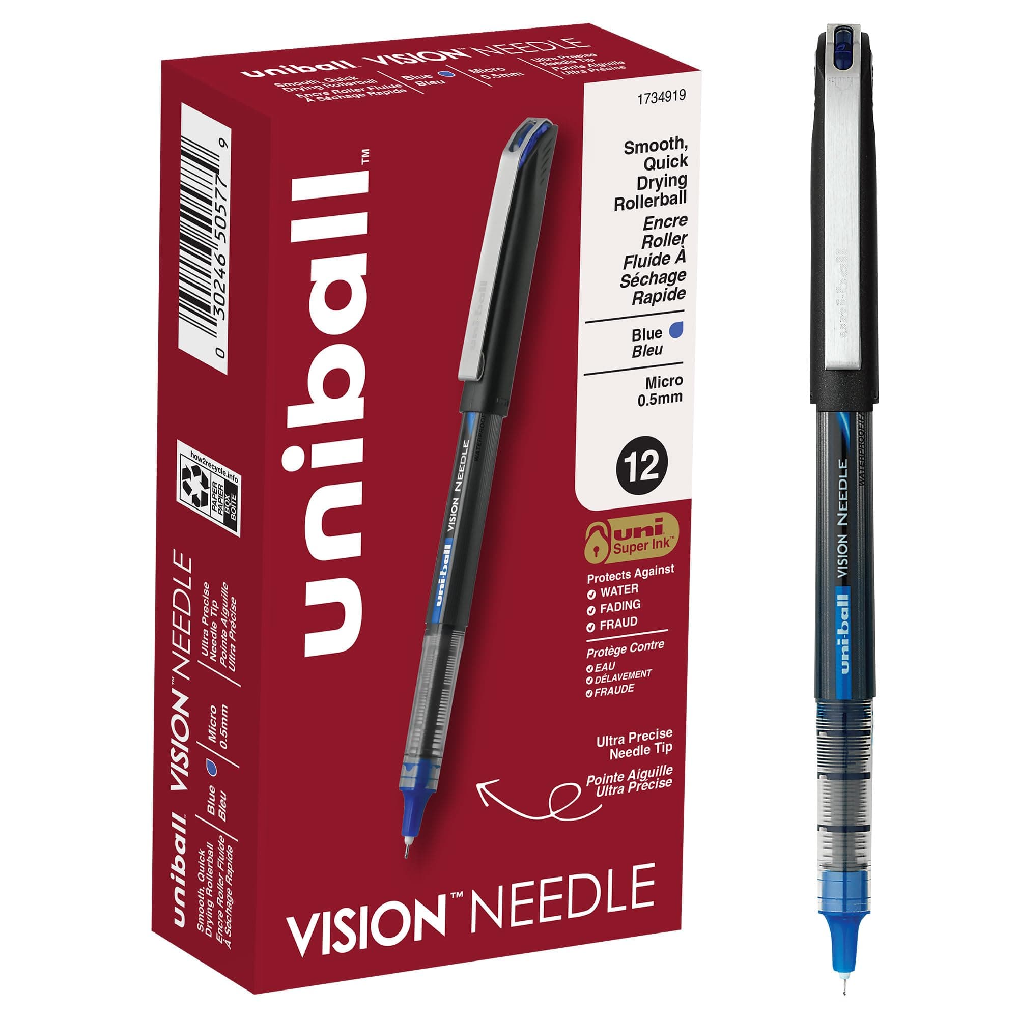 uni-ball Vision Needle Rollerball Pens, Micro Point (0.5mm), Blue, 12 Count